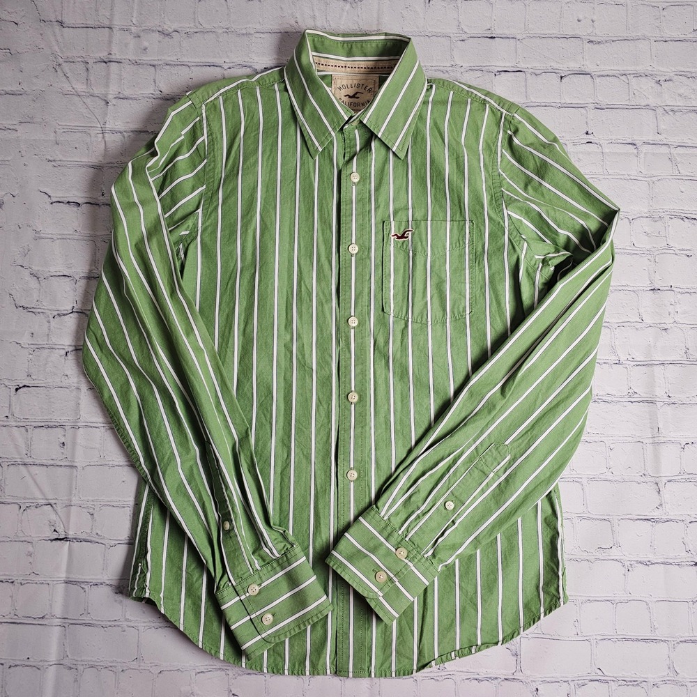 Hollister California Mens Green White Striped Long Sleeve Button Down Shirt‎ M